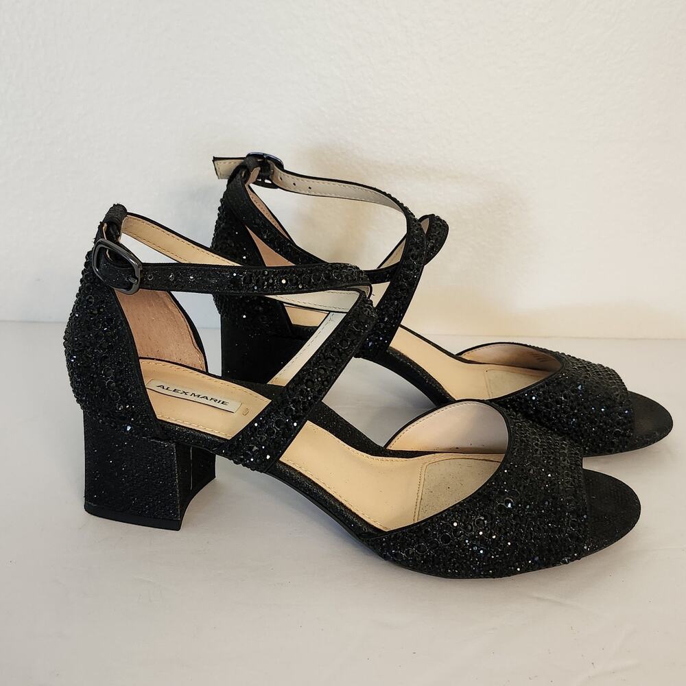 Alex Marie Seyland Black Rhinestone Pumps Sz 7.5M Open Toe Strappy Heels Formal